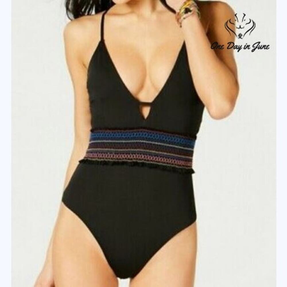 Bar III Smocking Solids Plunge One Piece Swimsuit Black Rainbow NWT Size L